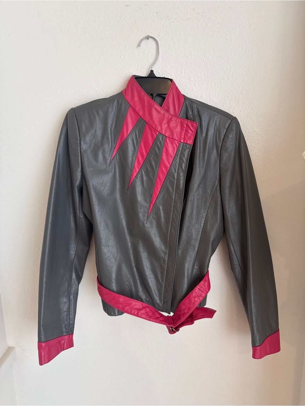 Wilsons Leather Vintage Gray and Pink Leather Jacket